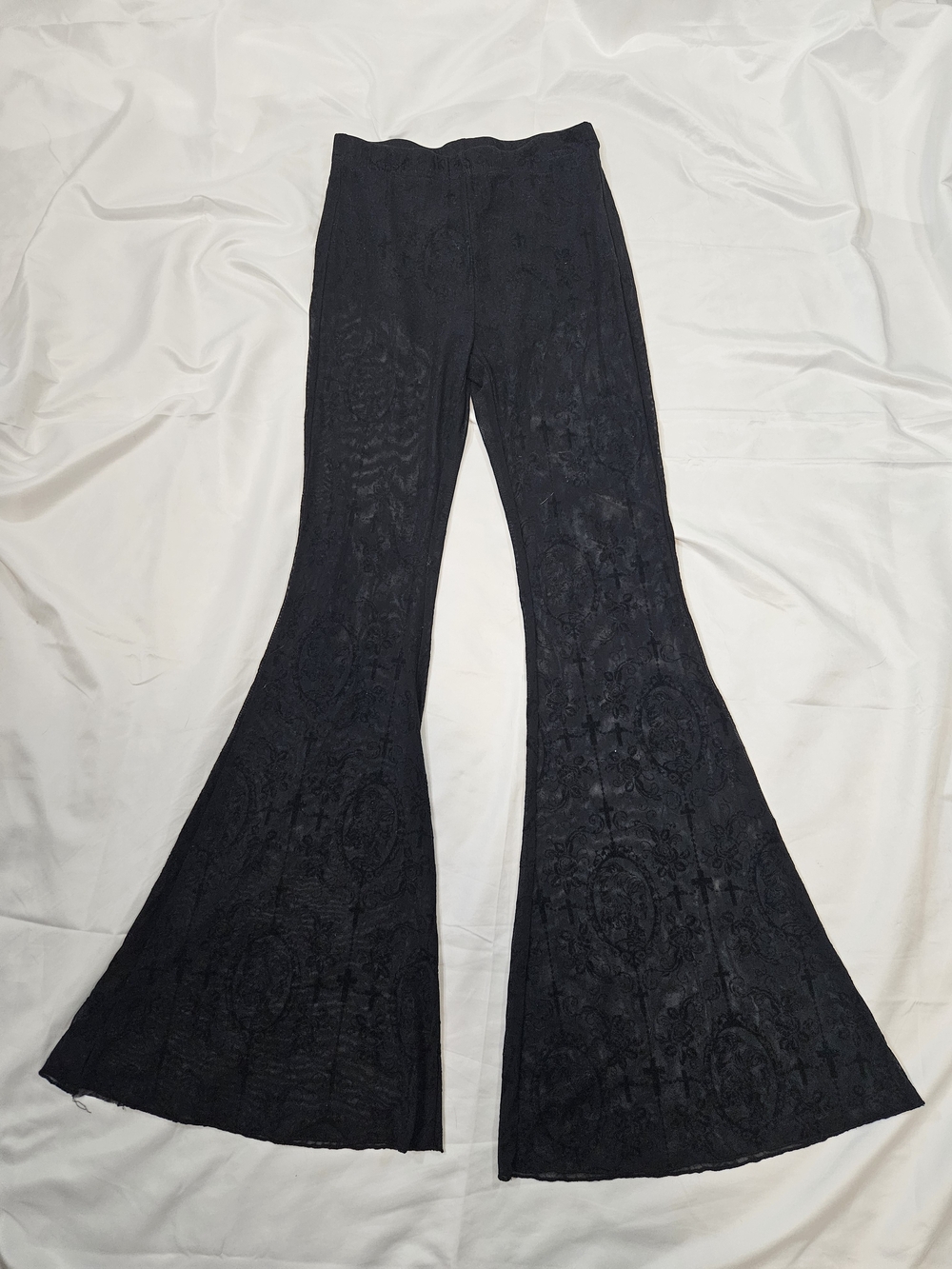 ROMWE Black Lace Bootcut Flare Pants With Skull And Cross Lace